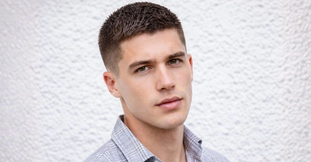 Classic crew cut with short textured top and clean faded sides for a neat old-money style.