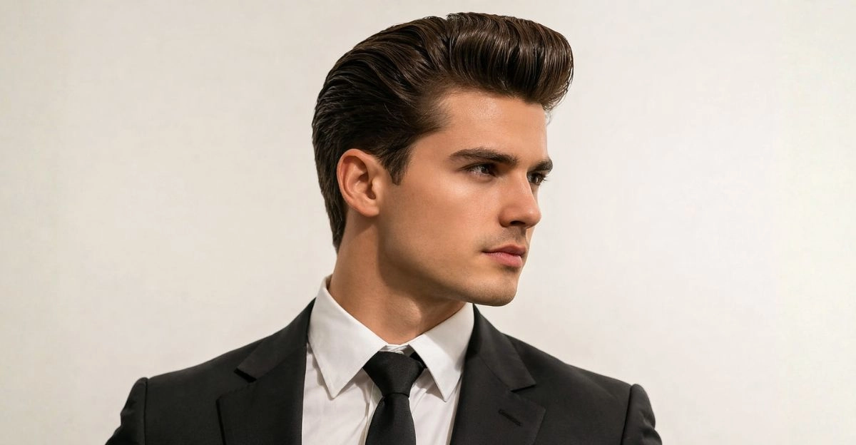 Classic pompadour with high swept-back volume and short sides for a structured old-money look.