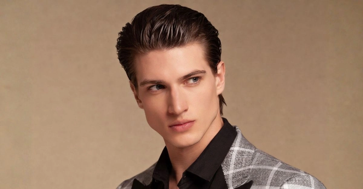 Classic slick back with short sides and smooth, glossy top brushed cleanly away from the face.