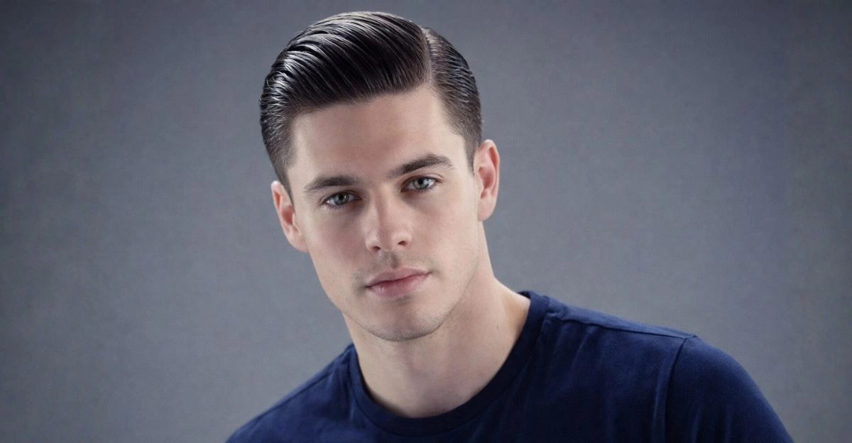 A man with comb over wet look hairstyle swept neatly to one side with glossy finish.