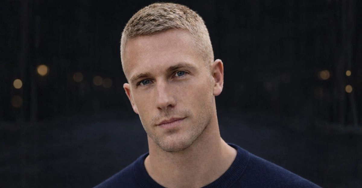 Crew cut with short top and tight sides, clean shape that reduces the look of thinning hair.