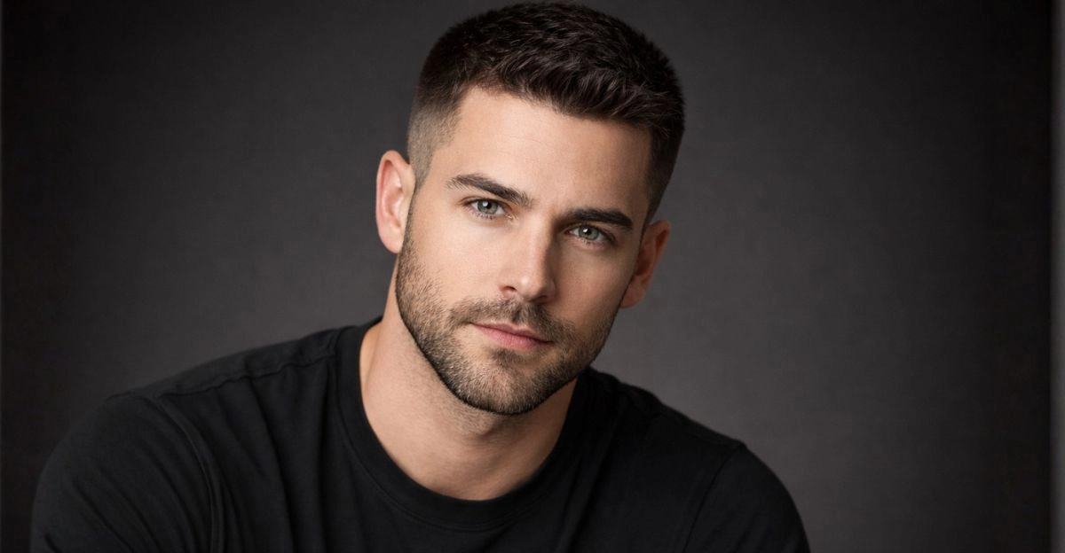 Crew cut with short sides and slightly longer top that balances facial proportions and reduces forehead size.