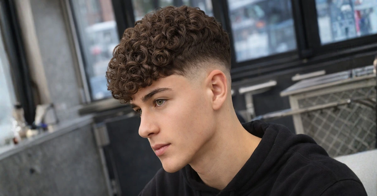 A curly fringe with a fade delivers clean sides and naturally defined texture on top.