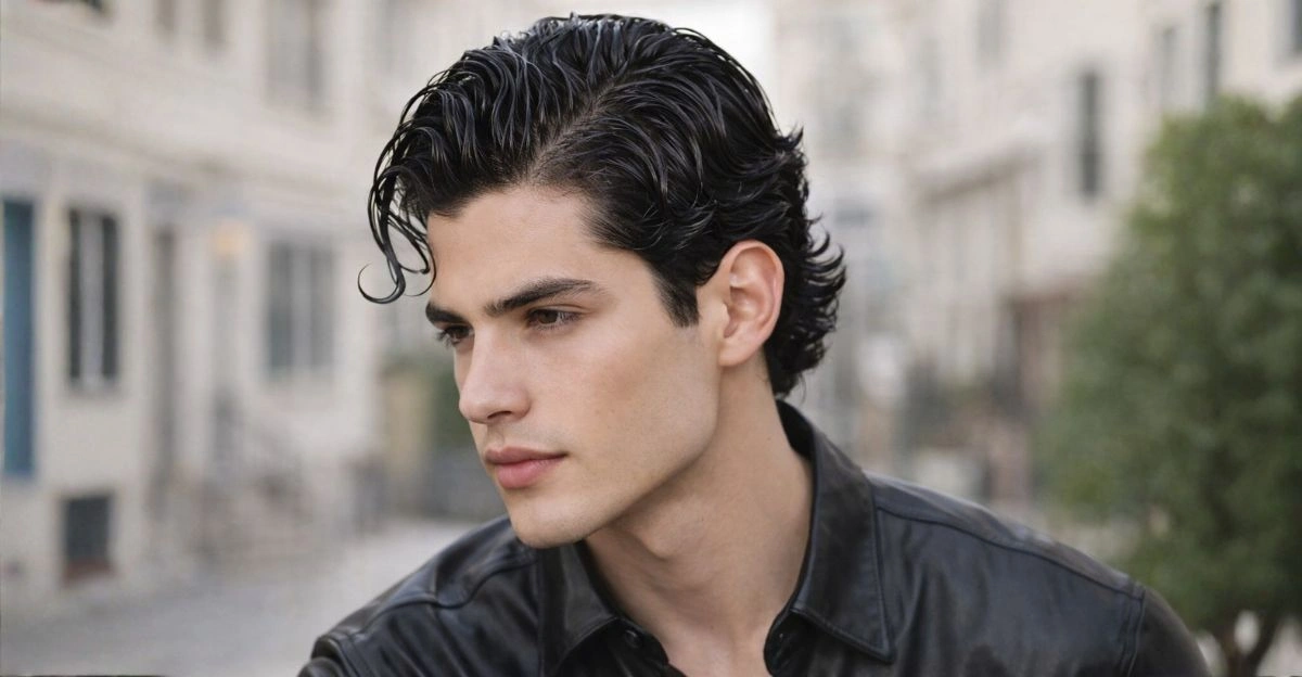 A man with a curly wet look hairstyle showing defined shiny curls brushed back.