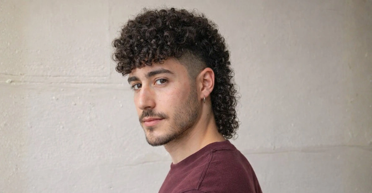A curly textured fringe mullet blends bold volume with a modern edgy finish.