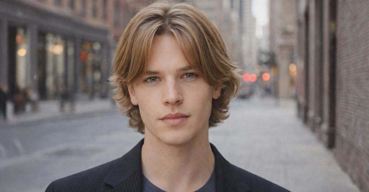 Curtain bangs with a middle part and face-framing layers that make a big forehead look smaller.