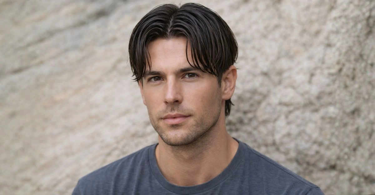 Curtain haircut with center part and soft, face-framing front pieces for a relaxed old-money style.