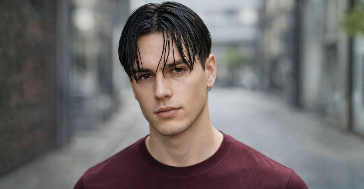 Man with curtains wet look hairstyle with center-part glossy strands framing face.