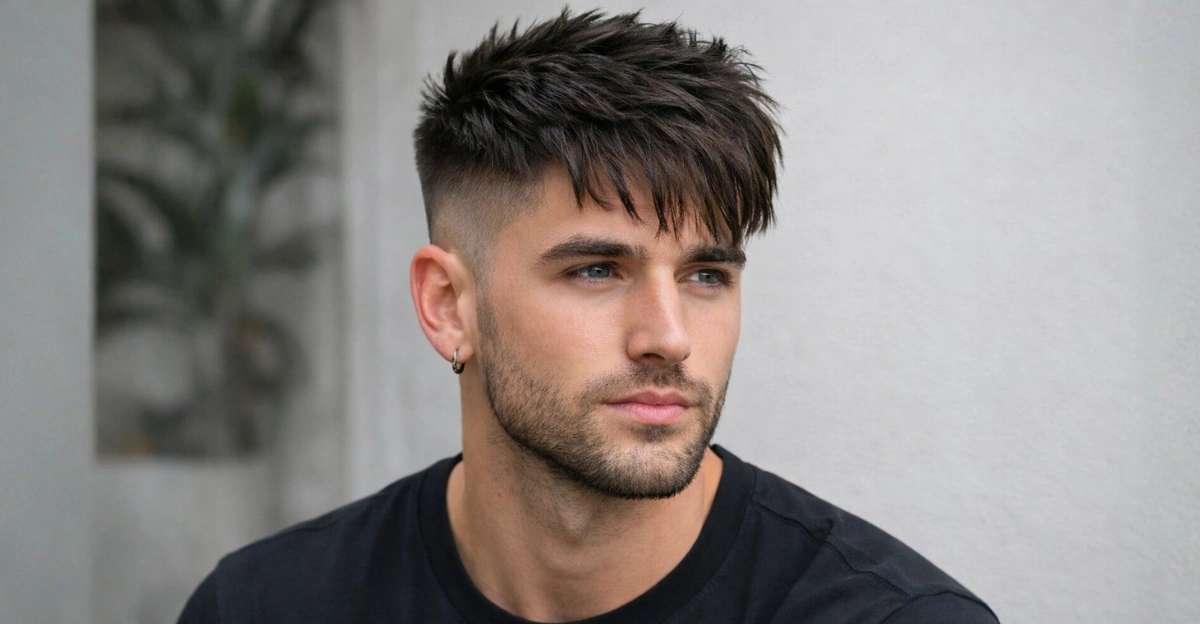 A disconnected undercut with a textured fringe creates bold contrast and sharp modern style.