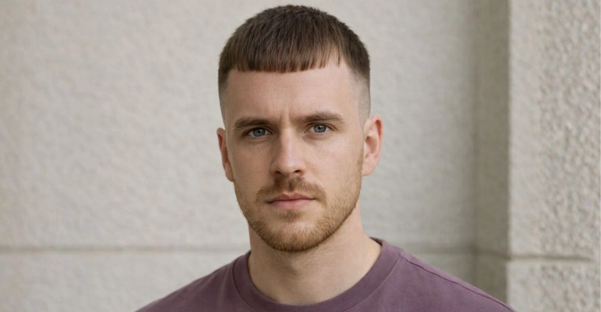 French crop haircut with short fringe and tight sides, clean style that reduces hairline focus.