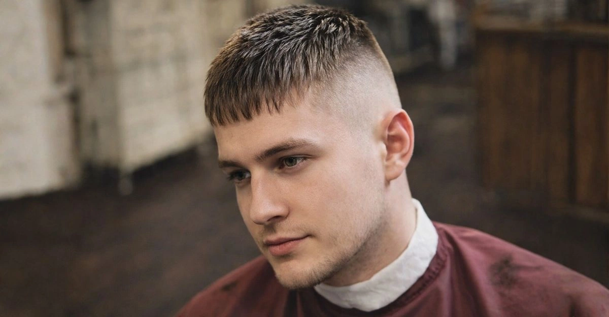 French crop with forward fringe and tight fade that helps reduce the appearance of a big forehead.