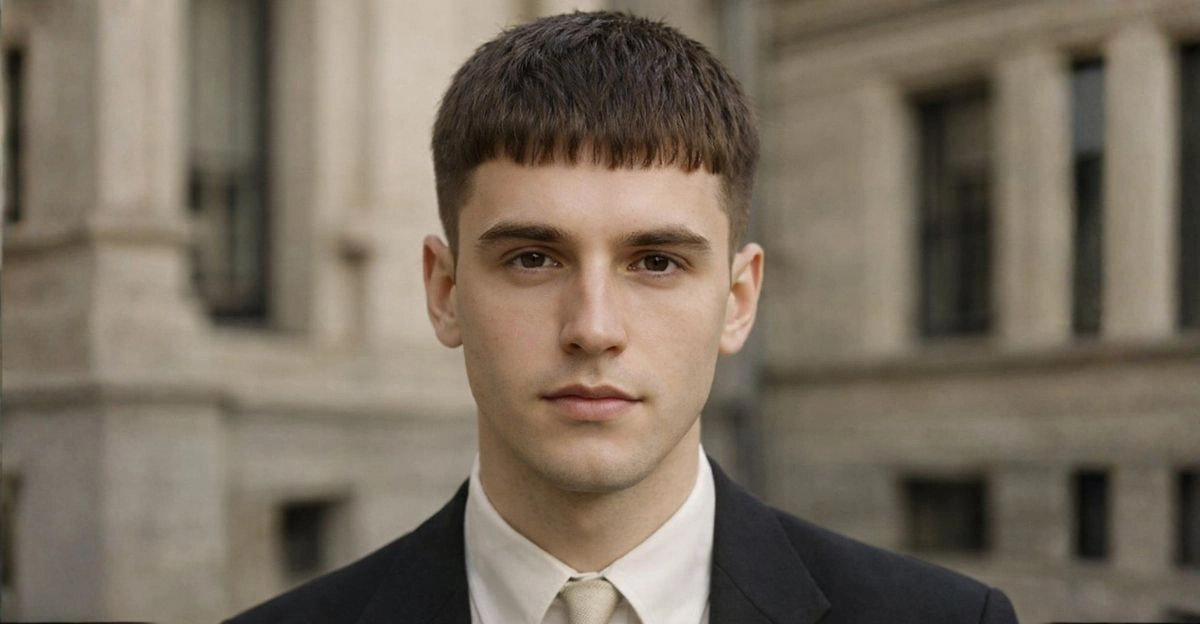 French crop with blunt fringe, tight faded sides, and light texture for a clean old-money style.