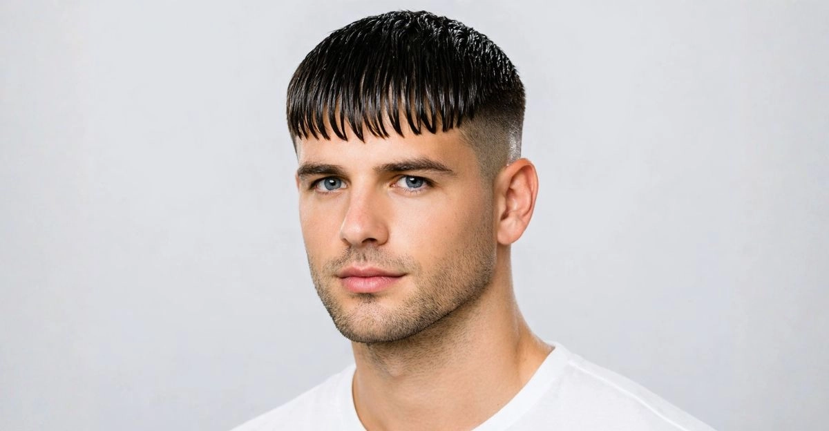 Man with French crop wet look featuring blunt fringe and shiny flat top.