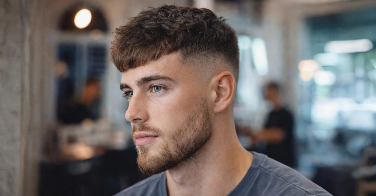 A textured fringe paired with a beard fade creates a sharp, well-groomed modern look.