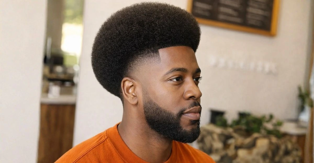 High taper fade with a rounded afro top and sharp lines for bold volume.