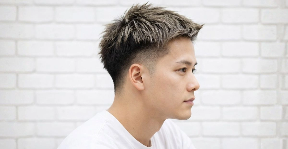High taper fade Asian haircut with textured top and clean temple blend.