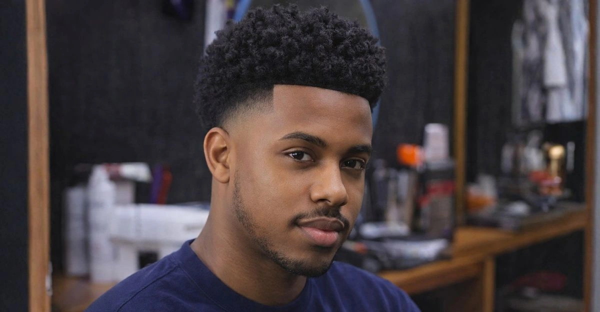 High taper fade on Black male with defined edges and voluminous coiled curls