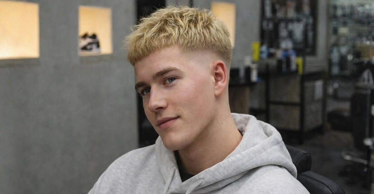 Blonde high taper fade haircut with textured top and skin-close sides.