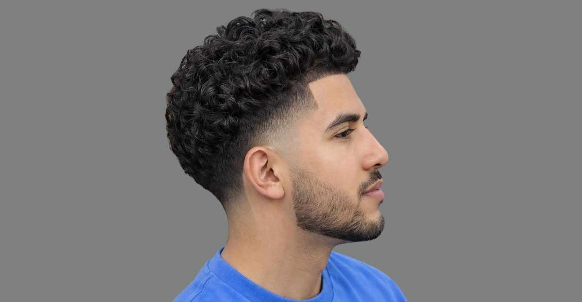 Blowout hairstyle with high taper fade and lifted curls with strong texture.