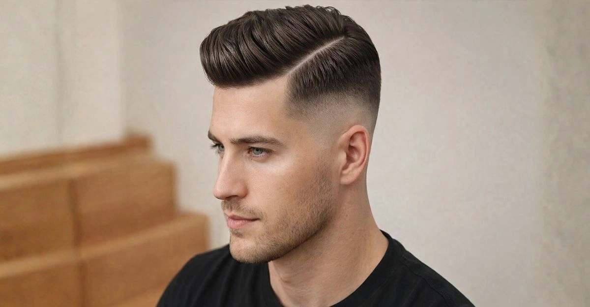 High taper fade comb over with side part and lifted, textured top.