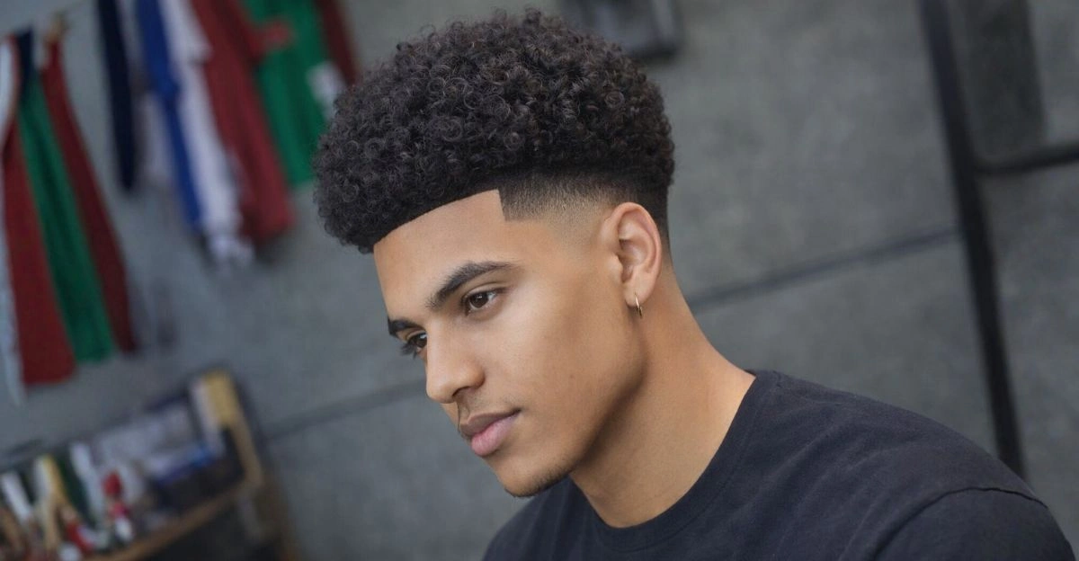 Curly high taper fade with textured volume and clean fade at sides and neckline.