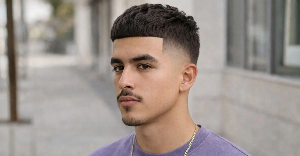 Edgar cut with sharp high taper fade and thick blunt fringe on top.