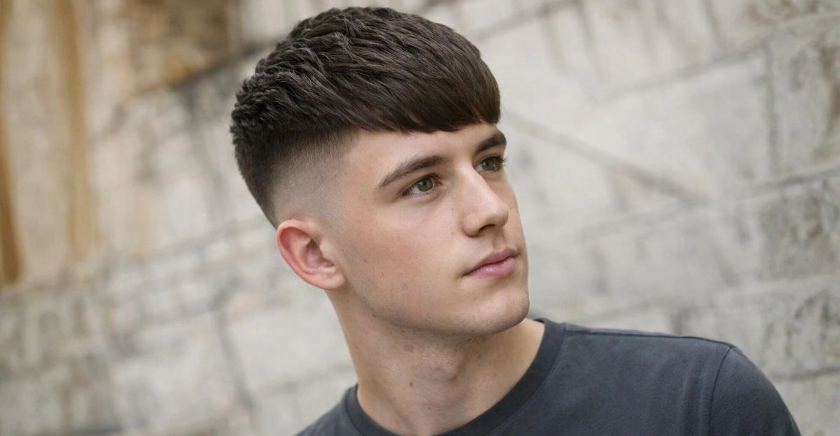Bold high taper fade with tousled fringe and layered texture on top.
