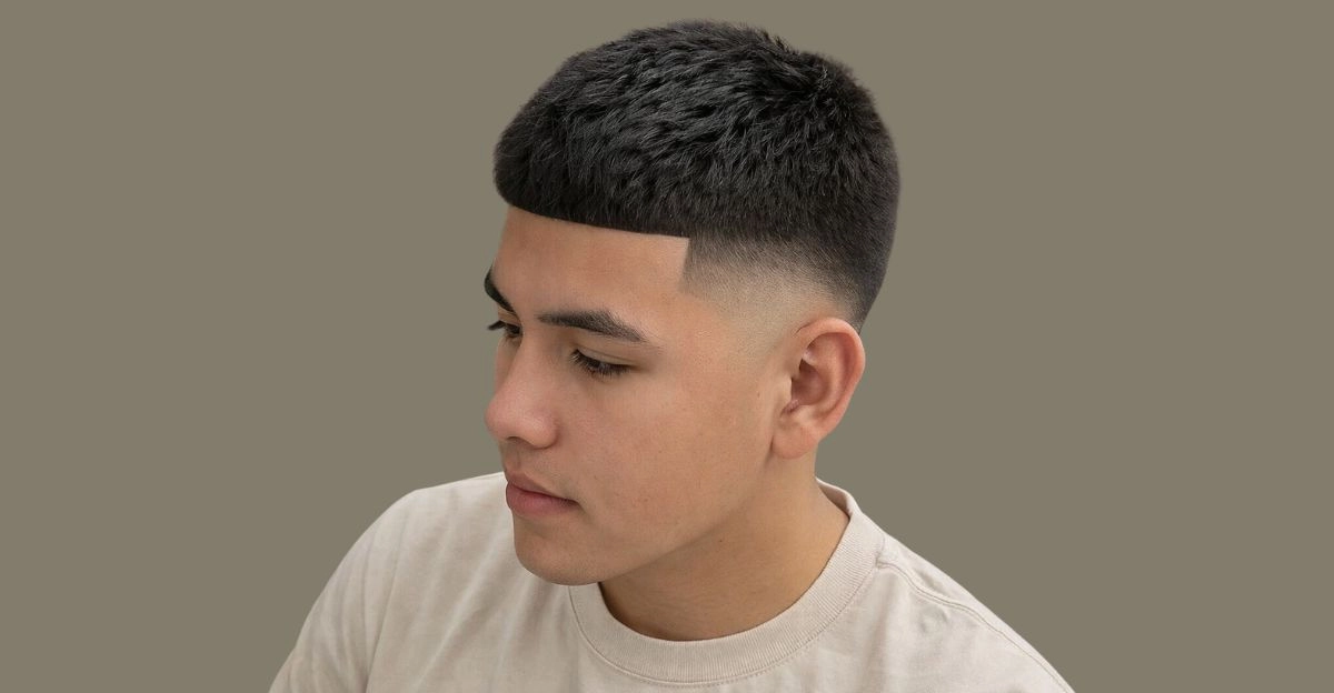 Classic high taper fade with textured layers and blunt fringe for a modern edge.