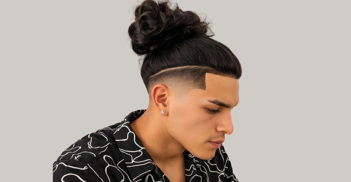 Long top with high taper fade and voluminous layers styled for natural movement.