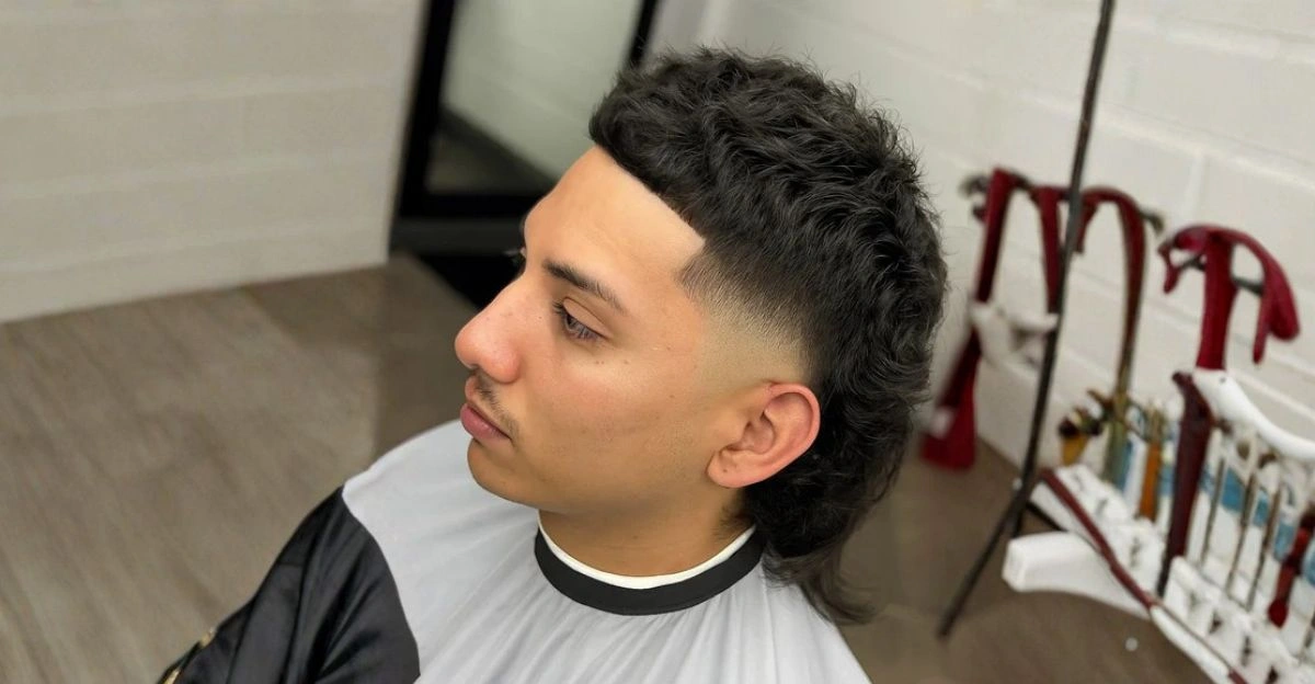 High taper fade mullet with clean sides and long, voluminous back flow.