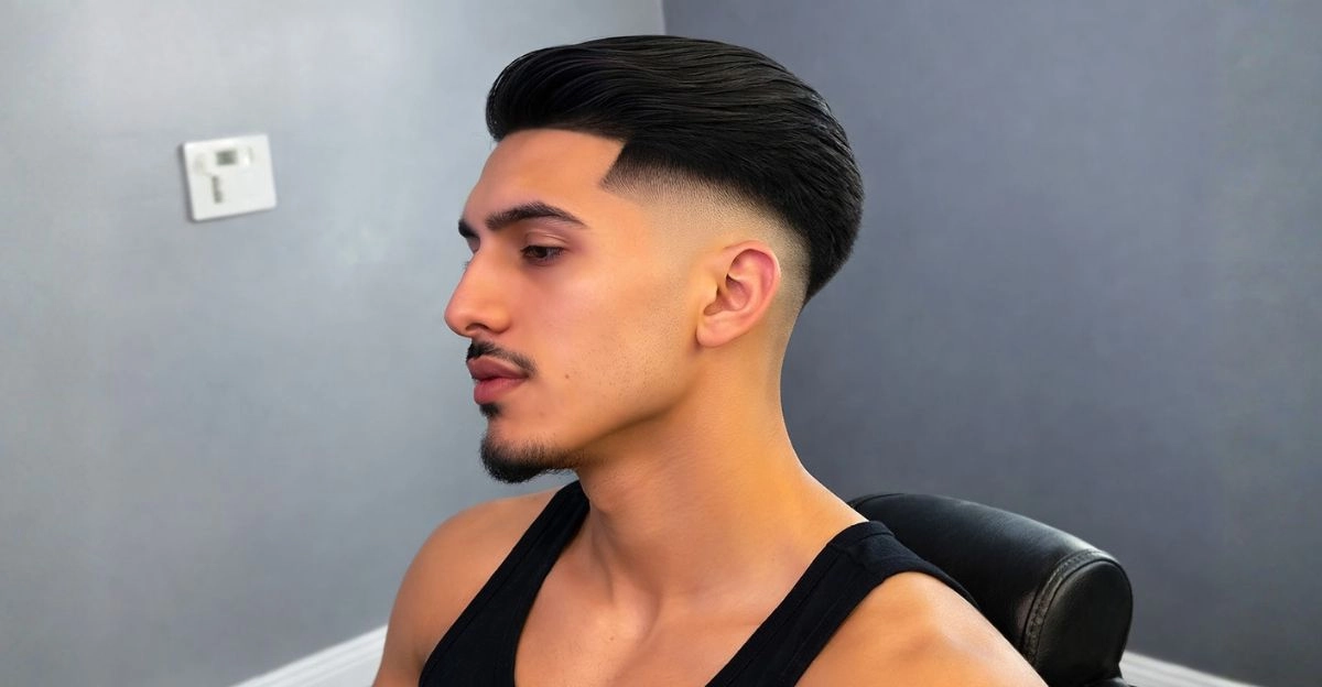 Slick back hairstyle with high taper fade and smooth volume at the crown.