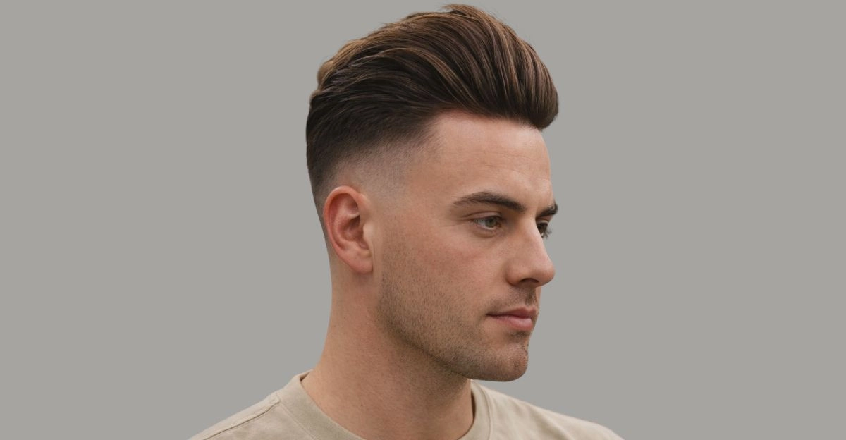 Straight hair with high taper fade and brushed-back top styled with smooth lift.