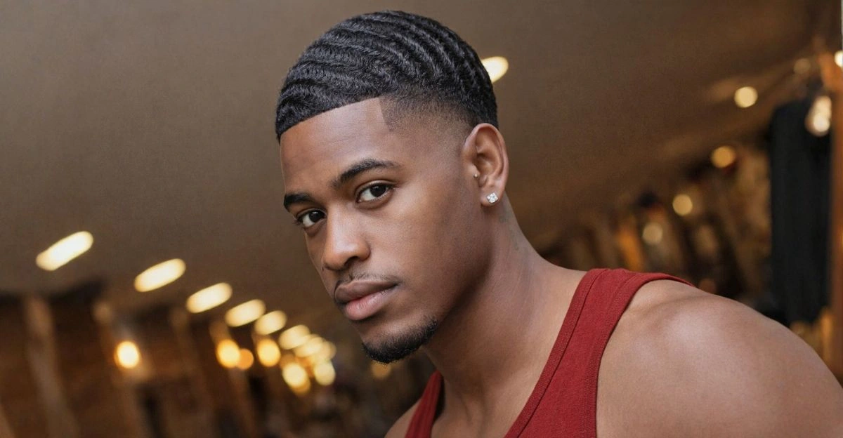 Glossy waves with clean high taper fade and deep temple contrast.