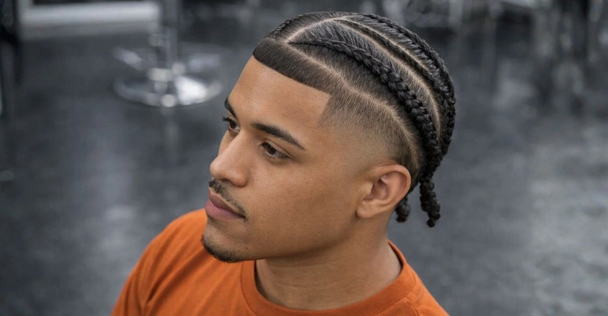 High taper fade with braided top and clean faded edges for contrast.