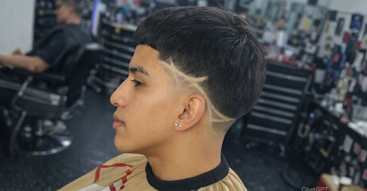 High taper fade with creative razor design and styled textured top.