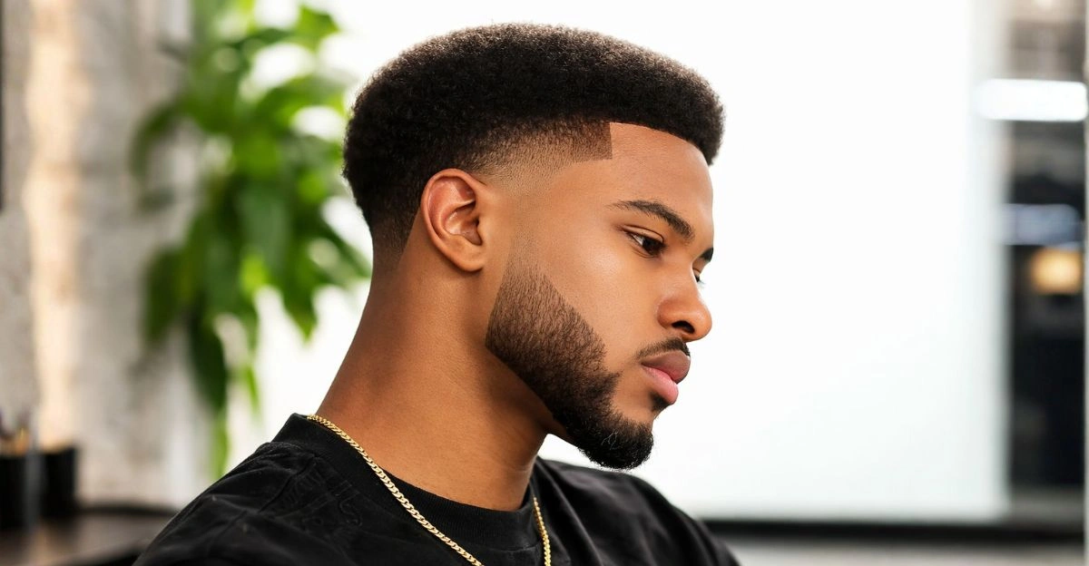 Tall high top haircut with sharp taper fade and structured silhouette.