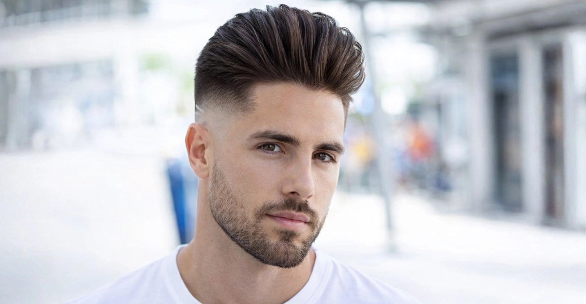 High Volume Brush Back with Mid Skin Fade and Beard