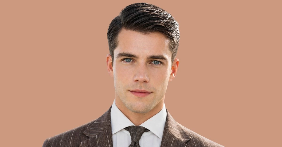 Ivy League haircut with tapered sides and neatly brushed side-swept top for a refined old-money style.