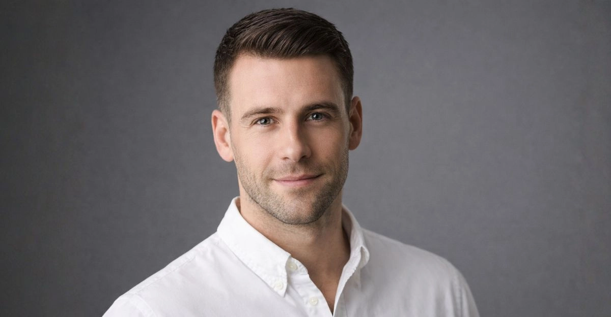 Ivy League haircut with short sides and side-swept top that balances a large forehead.