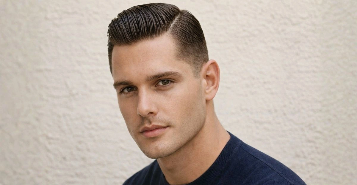 Man with Ivy League wet look haircut featuring neat side part and glossy finish.