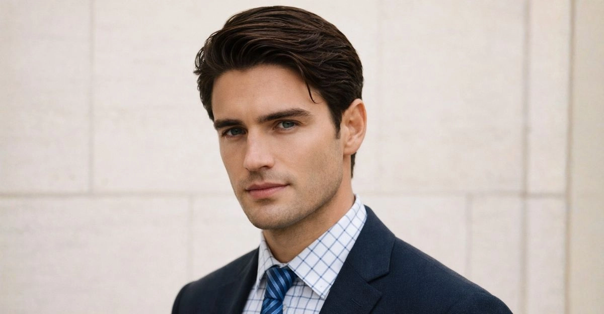 Medium-length layered haircut with natural movement and a soft swept-back old-money finish.