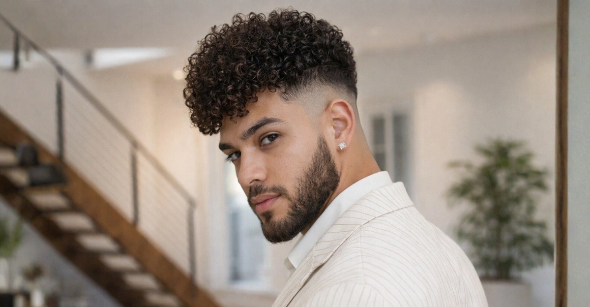 Long Curly Hair with Mid Skin Fade