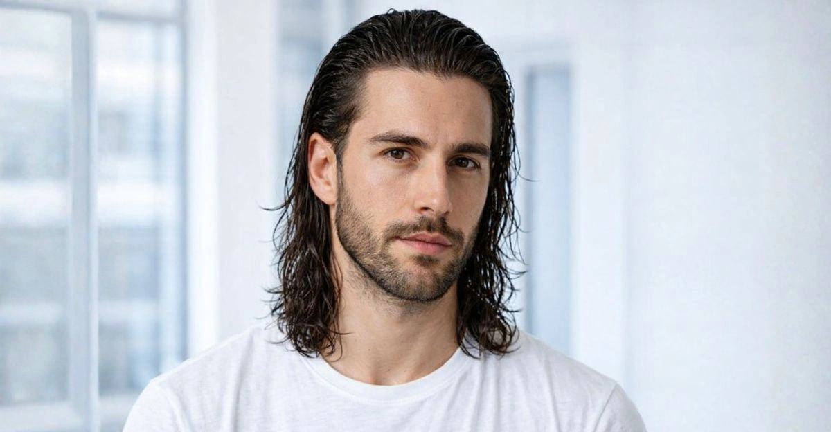 A man with a long wet look hairstyle combed back with a shiny controlled finish.