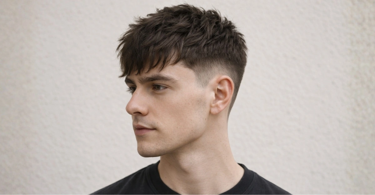 A messy fringe with a mid fade gives this style a balanced, clean modern edge.