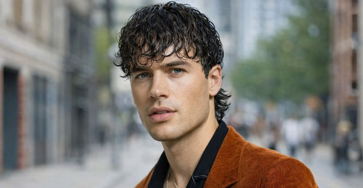 Man with messy wet look hairstyle featuring choppy layers and shiny textured finish.