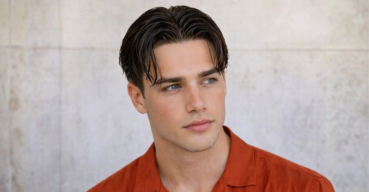 A man with a middle part wet look hairstyle with sleek glossy strands on both sides.