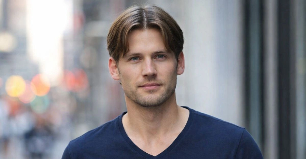 Middle part hairstyle with curtain-style front pieces that reduce focus on a high forehead.