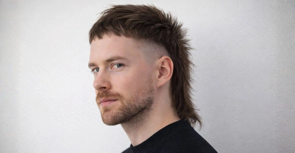 Modern mullet with short fringe, faded sides, and longer back to balance a high forehead.