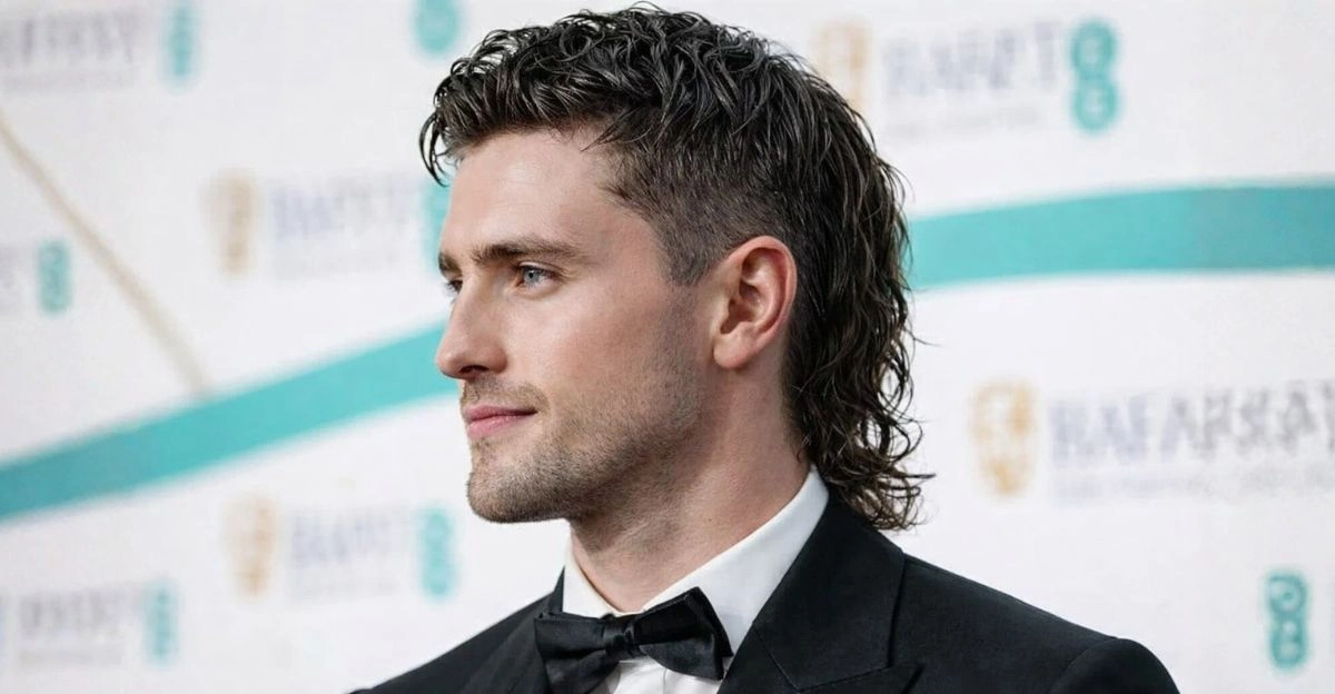 Man with mullet wet look hairstyle featuring short top and long sleek back.