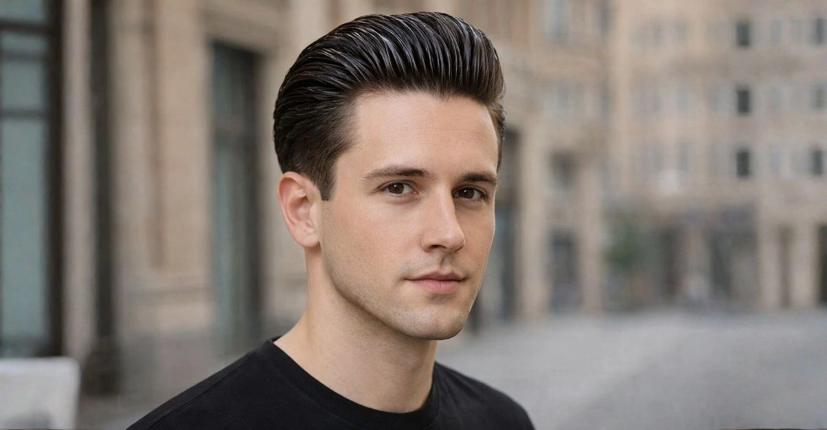 Man with pompadour wet look hairstyle featuring high glossy top brushed back.